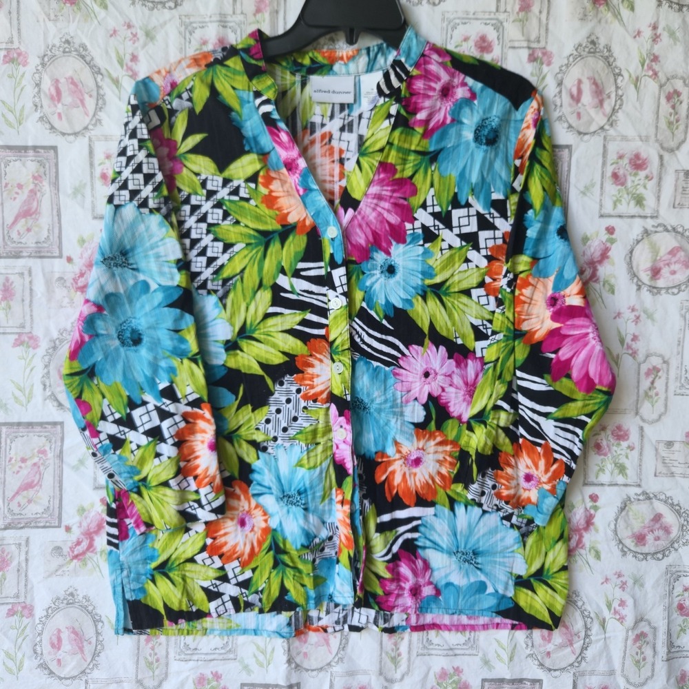 Alfred Dunner Women's Sz 16 Cotton Blouse Bright Tropical Floral‎ Button Up Top